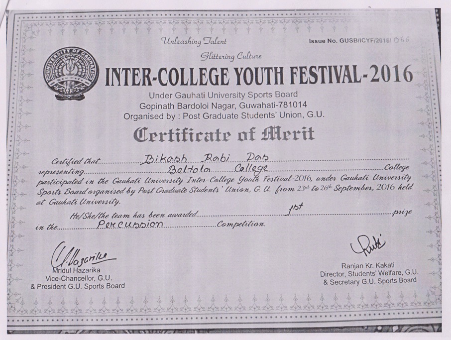 Bikash Rabi Das 1st prize in Percussion Competition 2016